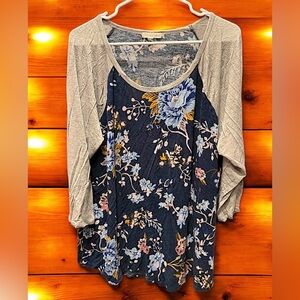 Loralette floral Print Women's Top - Gray and Blue 2X